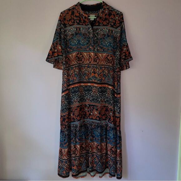 Chico's Midi Shirt Dress Size 10 Blue orange Short Ruffle Sleeve Collar - Picture 1 of 8